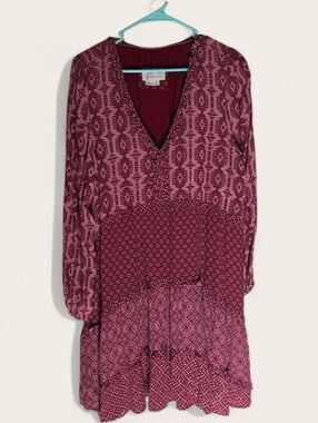 Anthropologie Maeve Burgundy Floral-Print Tiered Dress, Long sleeve, XL